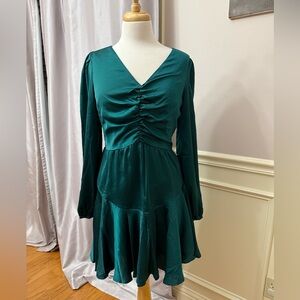 She + Sky Green Ruched Wrap Dress with Bishop Sleeves